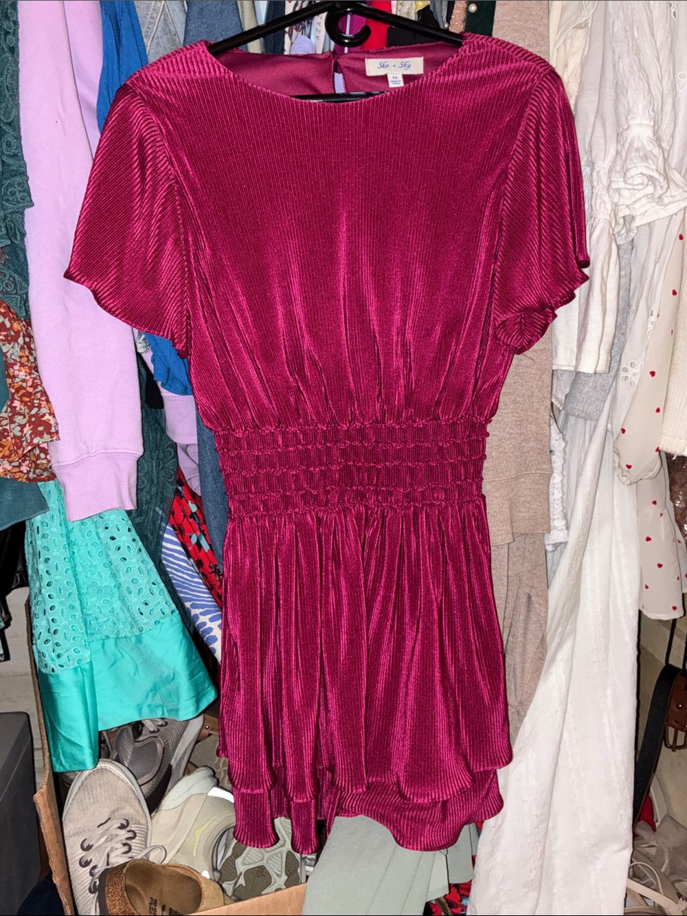 Berry Pink Short Sleeve Smocked Waist Mini Dress